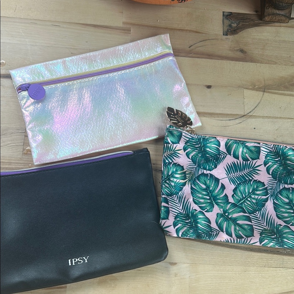 Ipsy Mini Bags Set - Black, Iridescent, and Tropical Leaf
